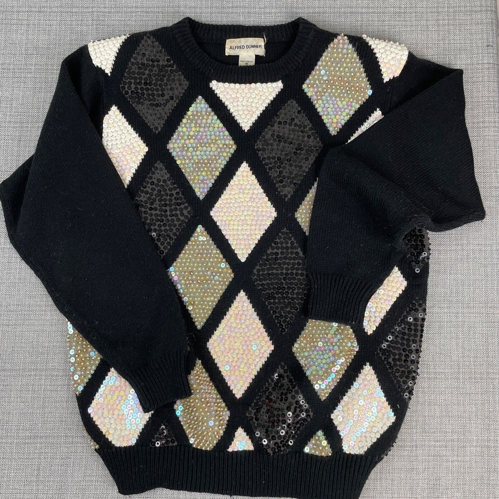 Vintage‎ Alfred Dunner Sequin Sweater Diamond Patterns Black White Medium